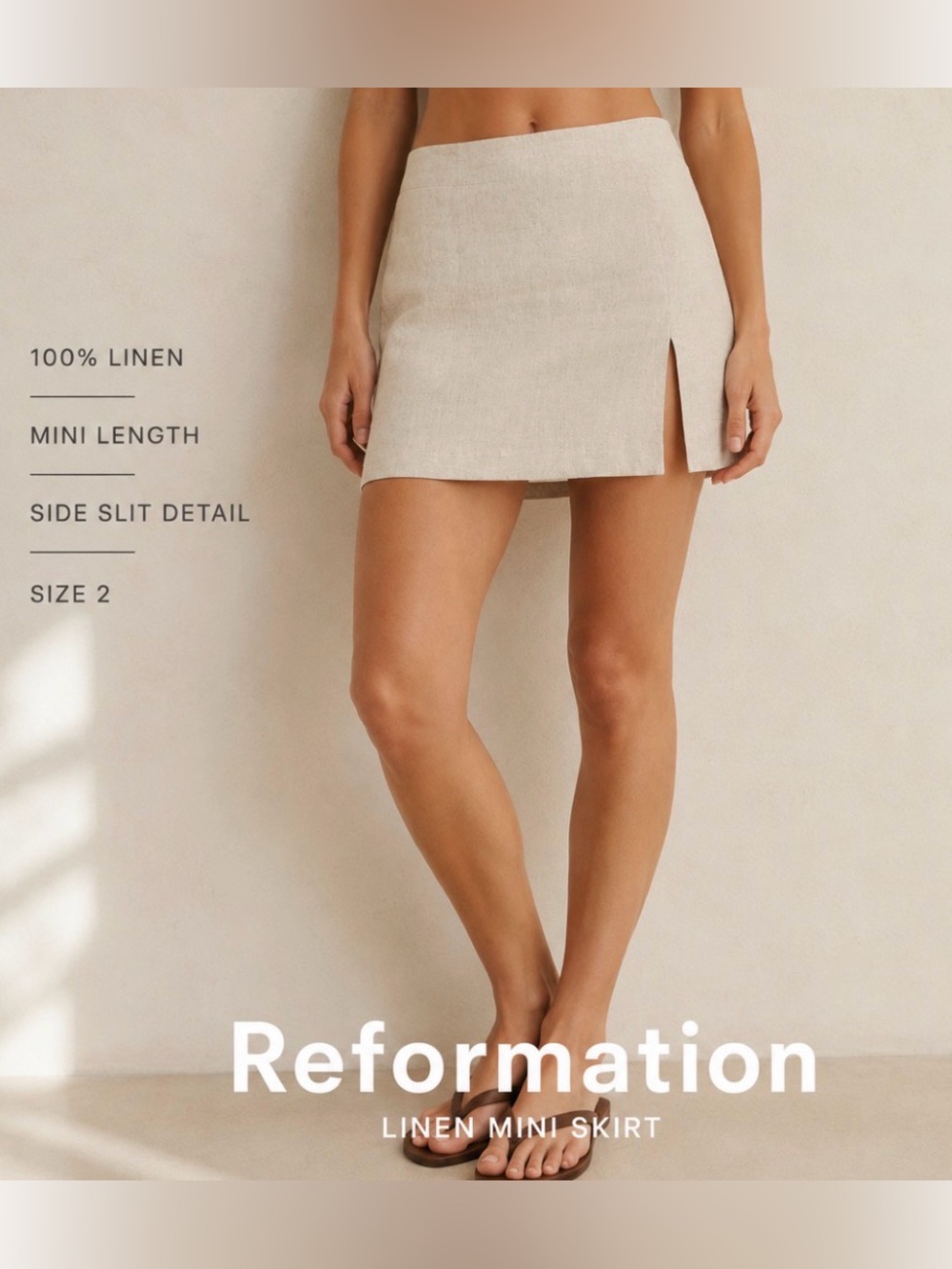 Reformation 100% Linen Mini Skirt Women's Size 2 Beige Oatmeal Side Slit Summer